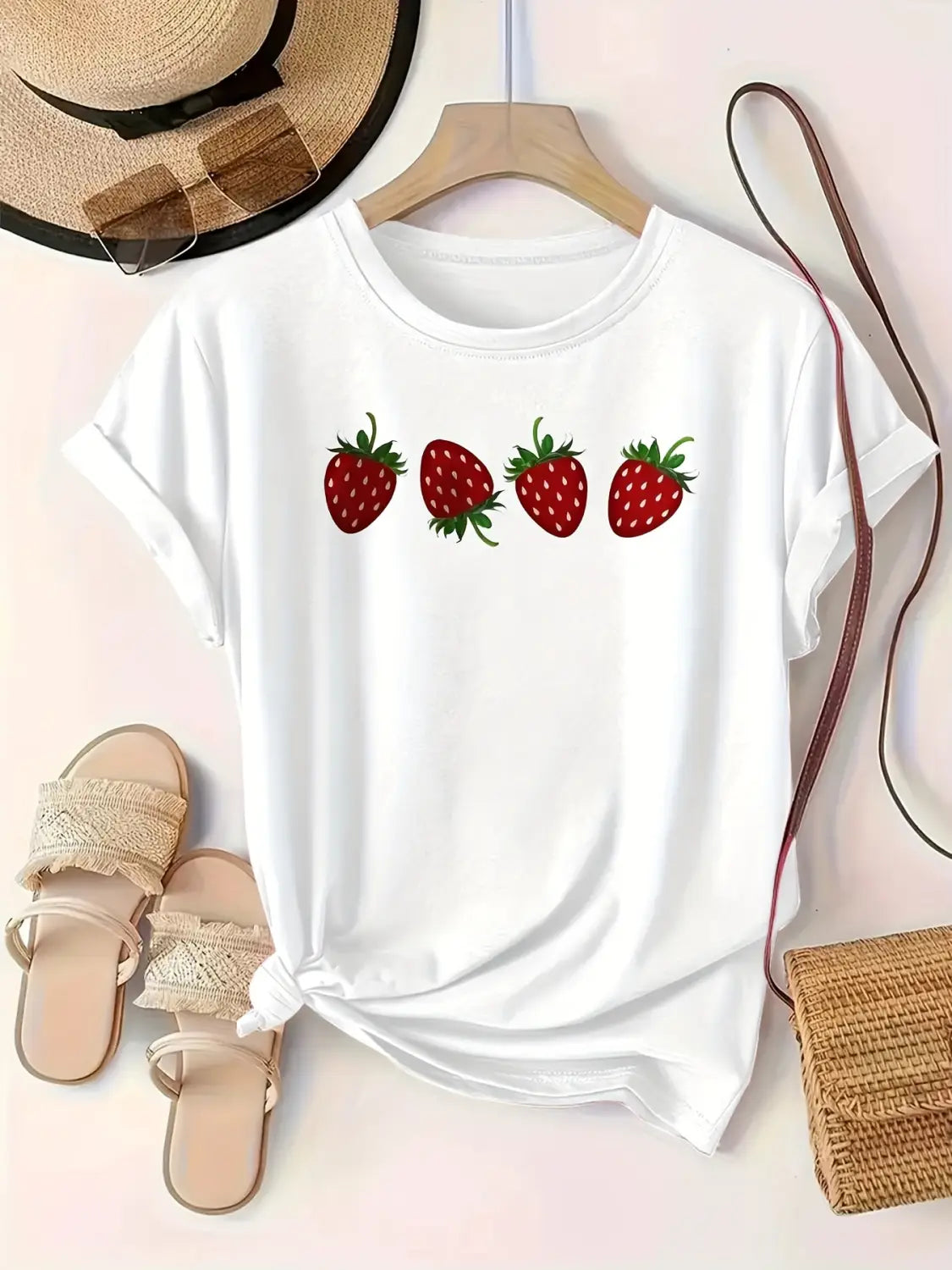 weißes Erdbeeren-Druck Kurzarm-Freizeit-T-Shirt mit Rundhalsausschnitt und weichem Stoff
