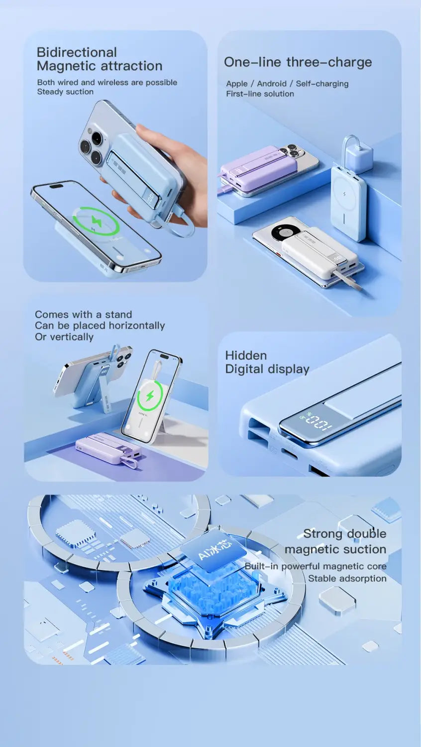 light purple magnetic power bank with built-in charging port and hidden digital display supporting fast charging 5v=3a and 9v=2a outputs