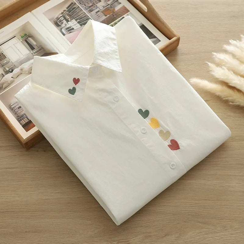Women Spring Autumn Style Blouses Pure Cotton Shirts Lady Casual Long Sleeve Turn-down Collar Cartoon Embroidery Blusas Tops