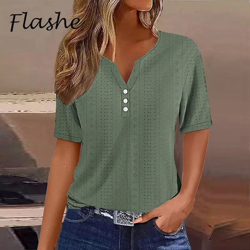 Women Casual T Shirt V Neck Short Sleeve Button Loose Tee Tops Summer Basic T-Shirts For Women Elegant Pullover