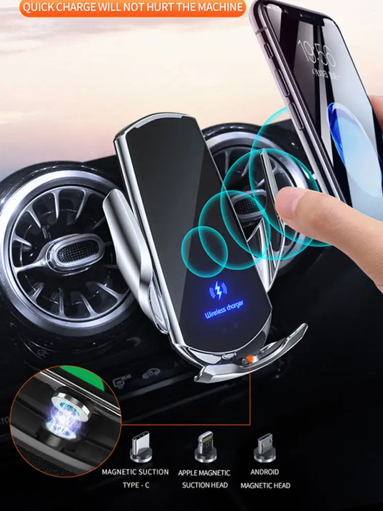 2019年から2021年のKia Forte K3用の電話マウントに対応する、磁気吸着式とType-Cポートを備えたシルバー色のワイヤレス電話充電器。急速充電に対応。