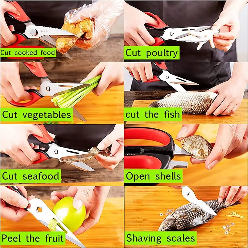 Heavy duty kitchen shears with red and black handles and serrated blades designed for cutting cooked food, poultry, vegetables, fish, seafood, peeling fruit, opening shells, and shaving scales.