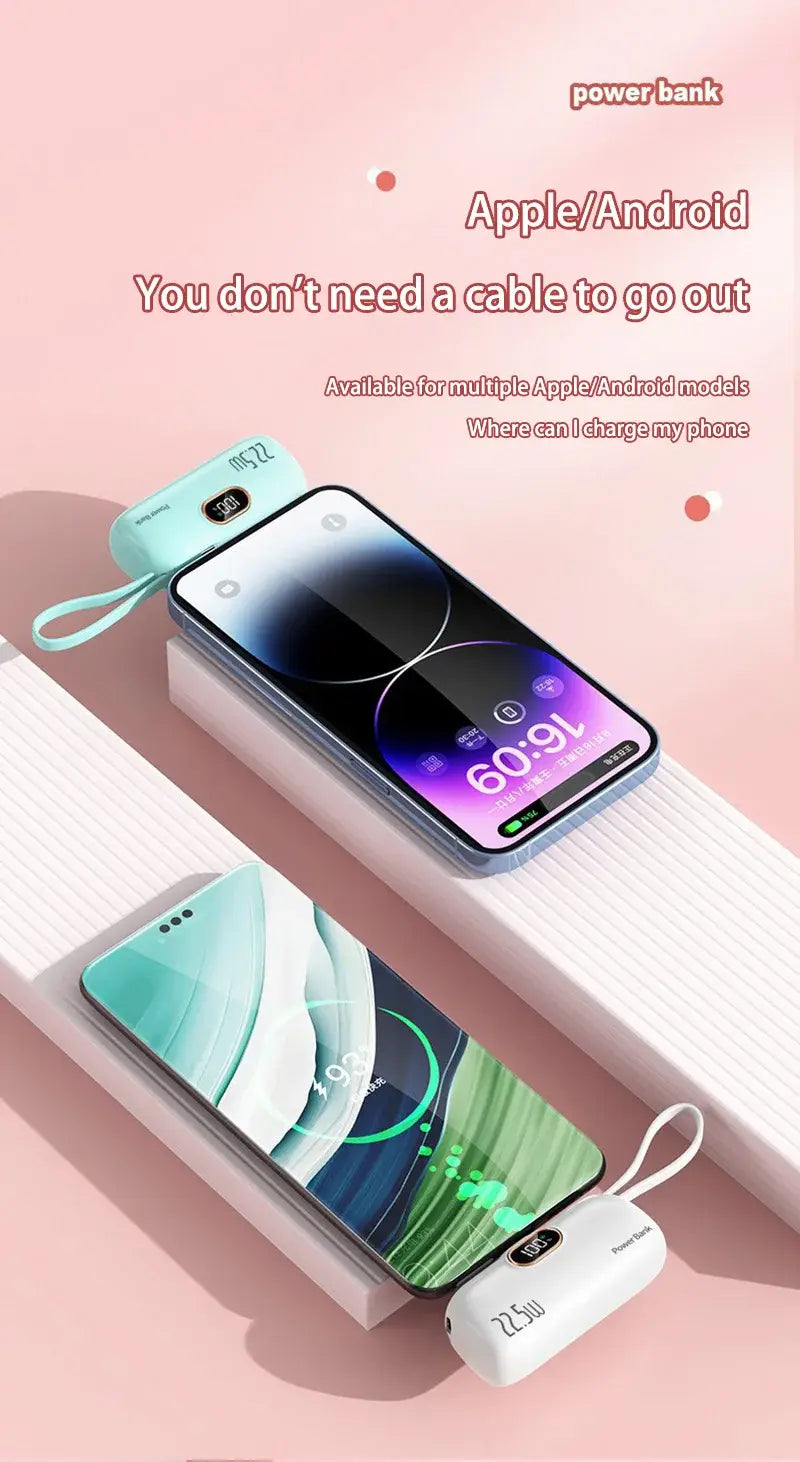 light blue and white portable power banks with a sleek compact design and built-in cables compatible with apple and android devices featuring 30000mah battery type for fast charging