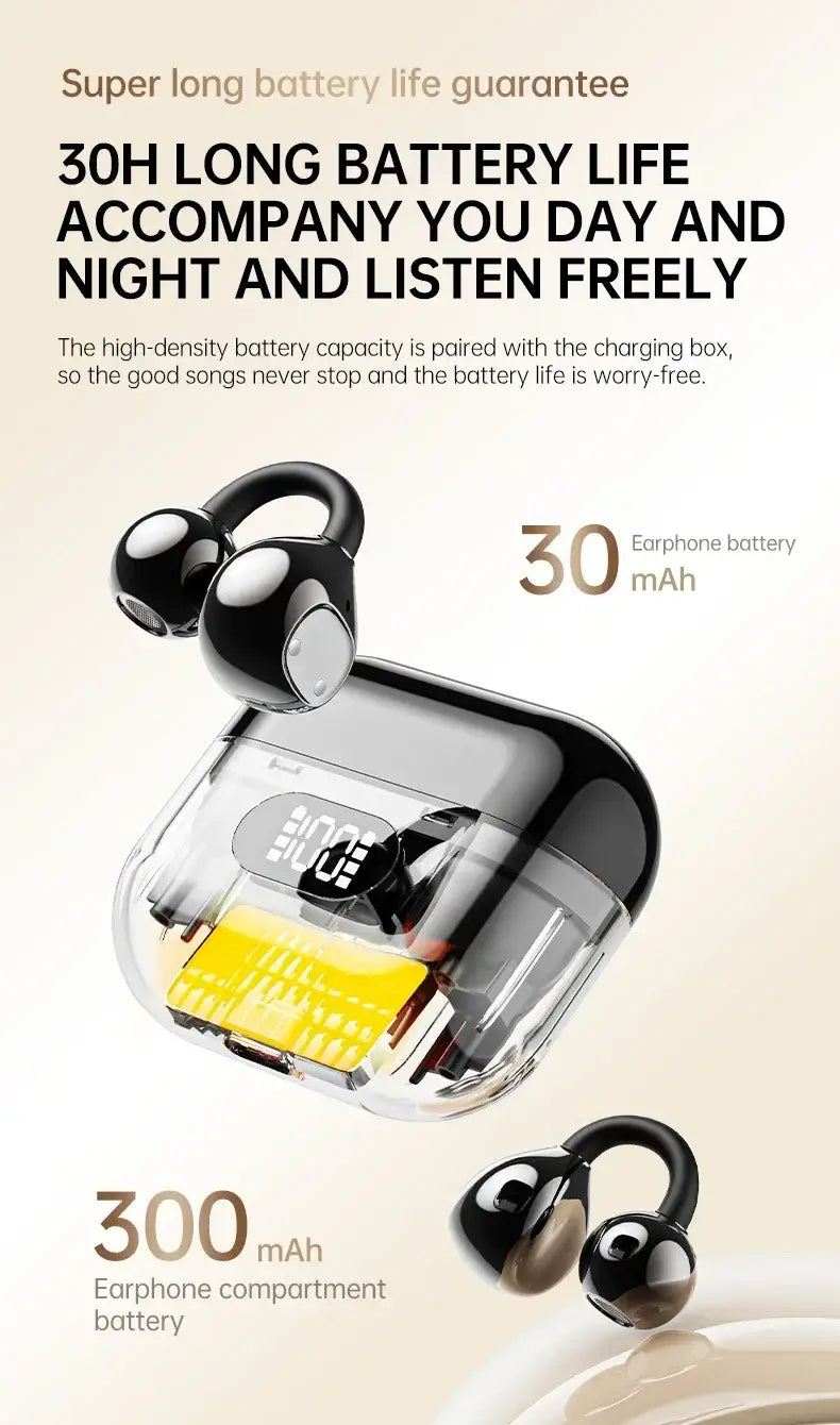 Écouteurs sans fil à pince d’oreille noirs, avec un fini brillant élégant, et boîtier de charge assorti, présentant un couvercle transparent laissant apparaître la batterie interne