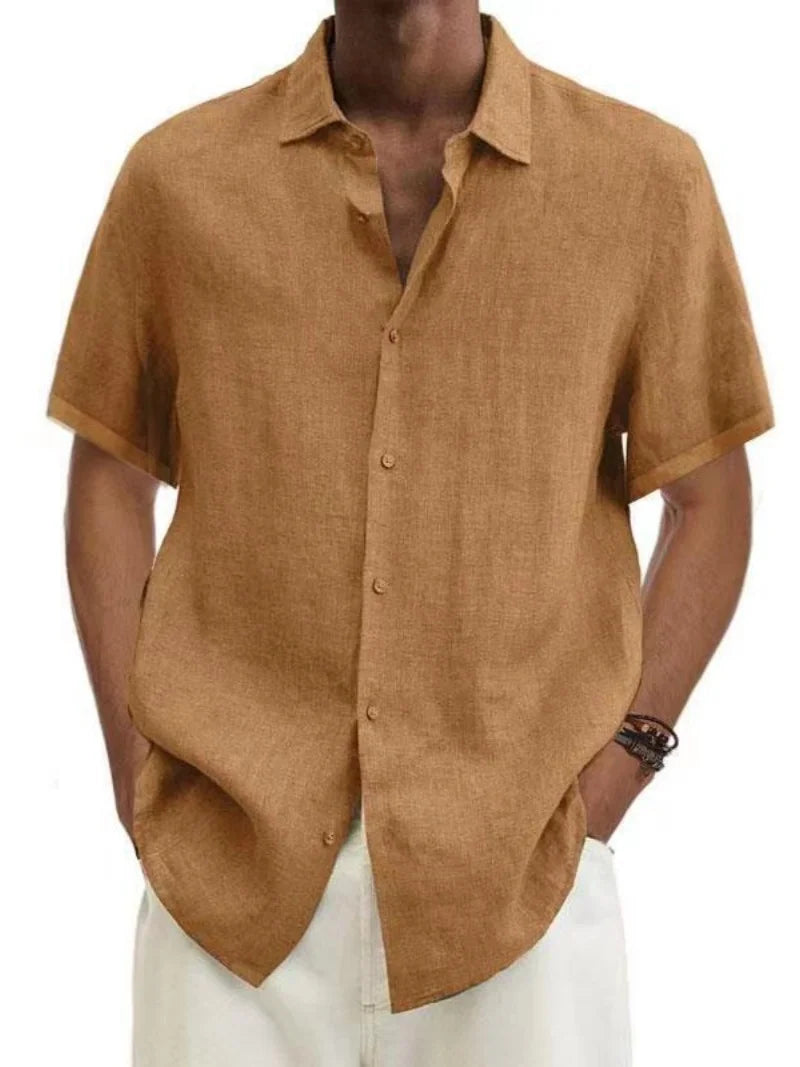 A tan men’s linen blend casual short sleeve shirt featuring a classic collar and neatly stitched cuffs.