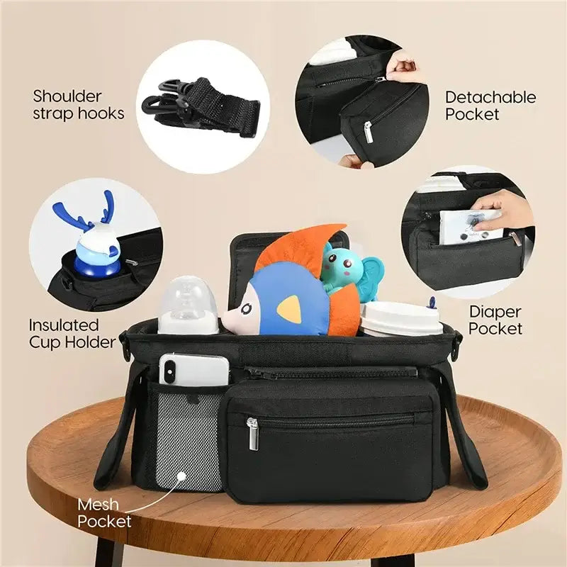 schwarze Stoff-Babywagen-Organizer-Tasche, hohe Kapazität, mit mehreren Fächern, isoliertem Becherhalter und abnehmbarer Tasche.