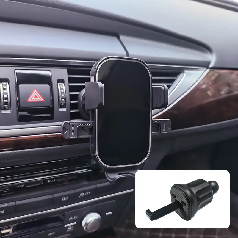 schwarzer Kunststoff-Autohalter für das Telefon, Lüftungsschalenhalterung mit elegantem rechteckigem Design und verstellbaren Klemmen für eine sichere Befestigung an Auslasshalterungen