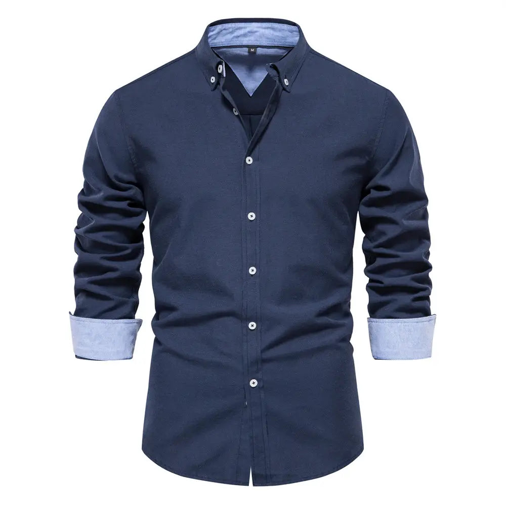 dark navy dress shirt with light blue contrast lining and cuffs featuring long sleeves for fashion social shirts