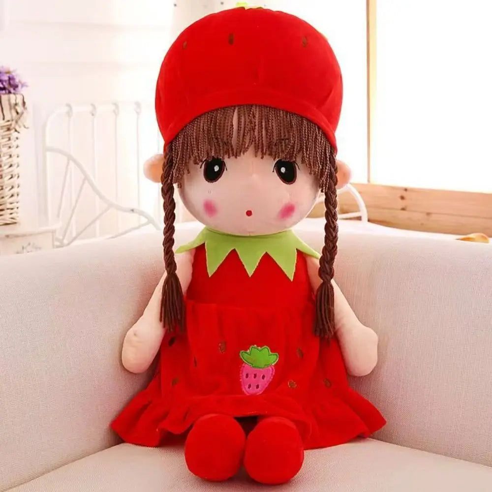 Plush doll 45cm cute stuffed animal toy featuring a strawberry-themed design with brown braided hair, a red hat, and a matching dress adorned with green leaf details.