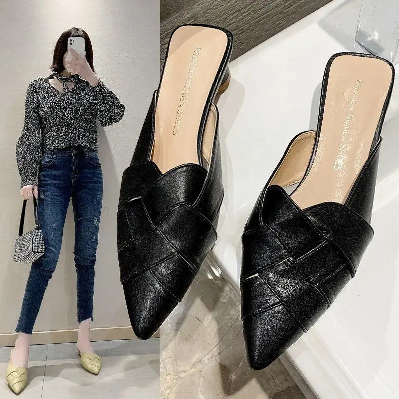 Women's Slippers And Ladies Sandals Leather Job Shoes Pointed Toe Mules Slides Sexy With Premium New Style High Quality 39