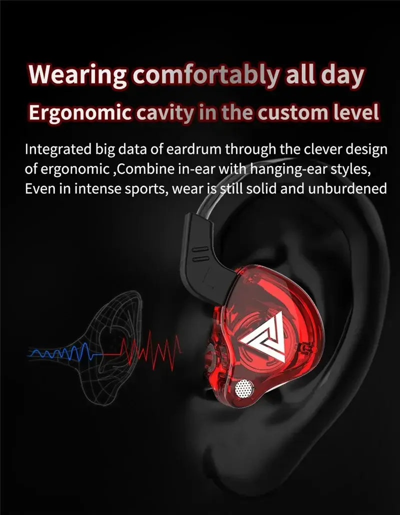 Red translucent qkz ak6 in-ear headphones with mic featuring a black ear hook and a white triangular logo.