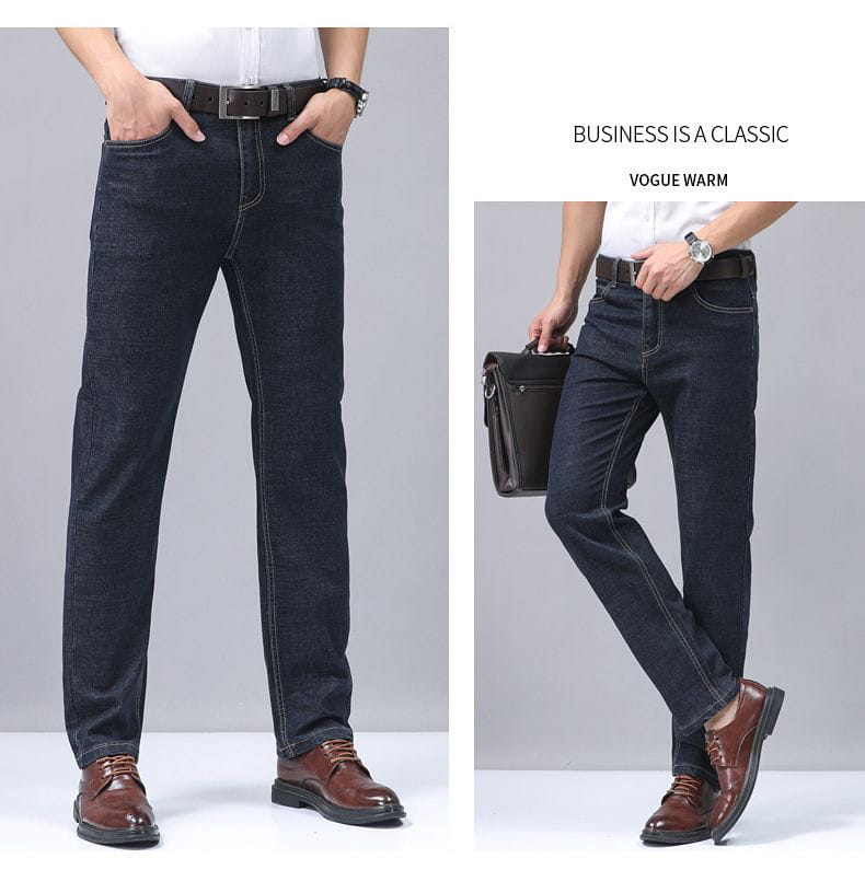 Men’s stretch cotton straight jeans in dark blue denim with contrasting light stitching designed as casual trousers.