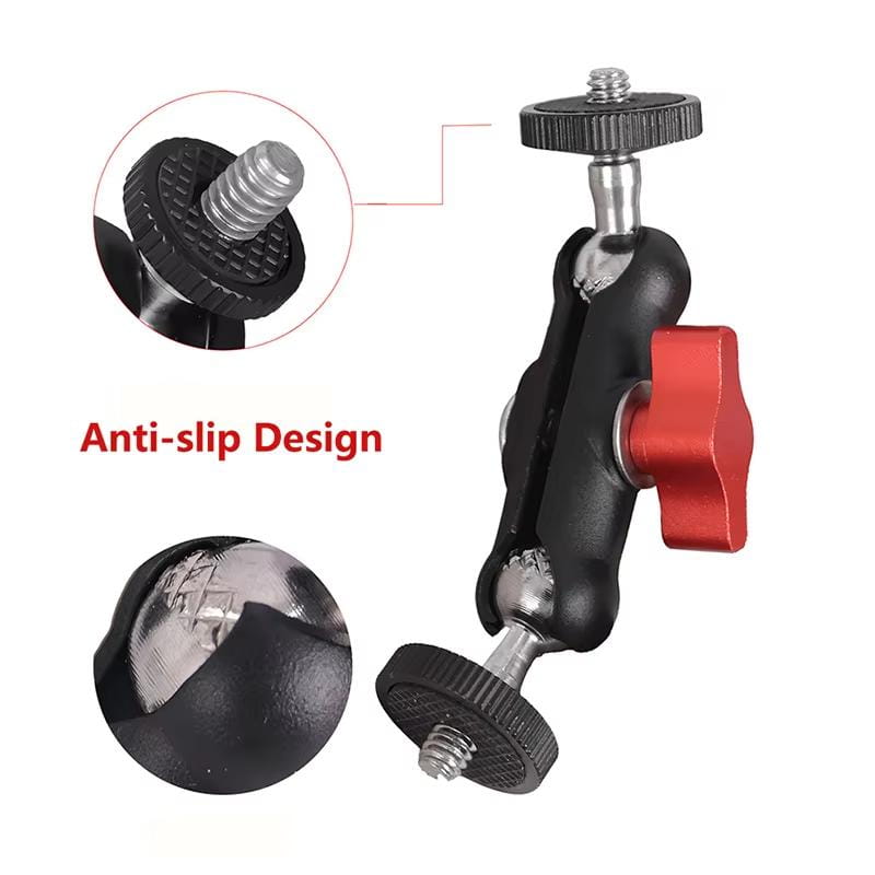 Black and red adjustable camera super clamp with magic arm set featuring textured grip knobs and metallic screw fittings.