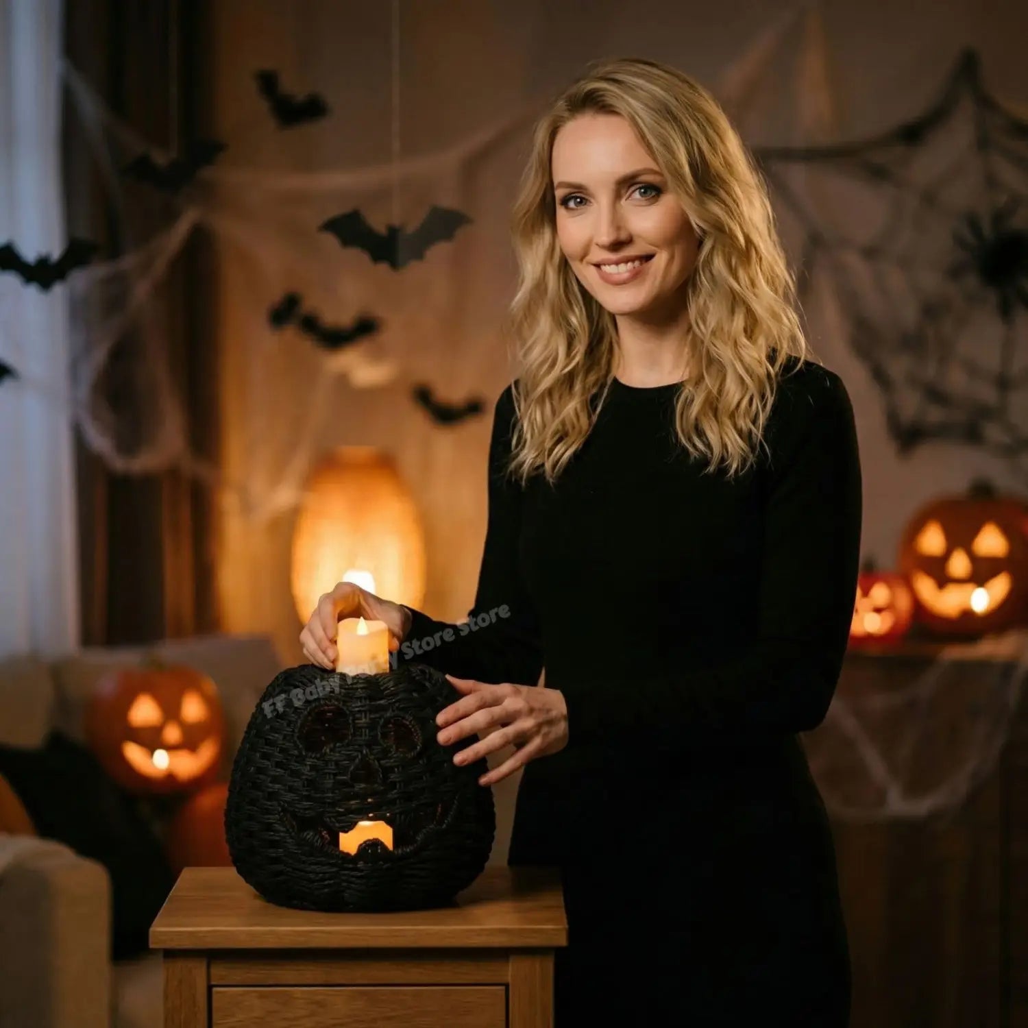 Schwarze geflochtene Kürbislaterne mit geschnitzten Gesichtszügen und einer angezündeten Kerze im Inneren, oben mit einem Hexenhut für die Halloween-Dekoration