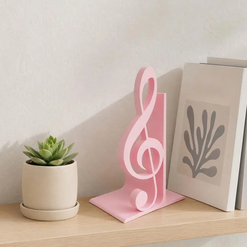 Rosa 3D-gedruckte Kunststoff-Buchstütze in Form eines Violinschlüssels für Musikdekoration und zur Organisation im Bücherregal.