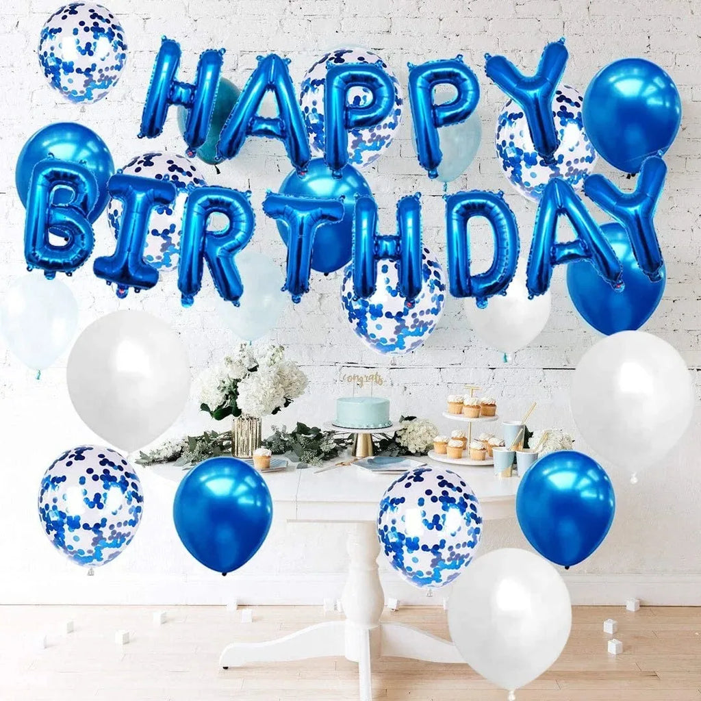 43Pcs Blue Happy Birthday Balloon Banner White And Blue Confetti Balloons for Boy Birthday Party Decorations