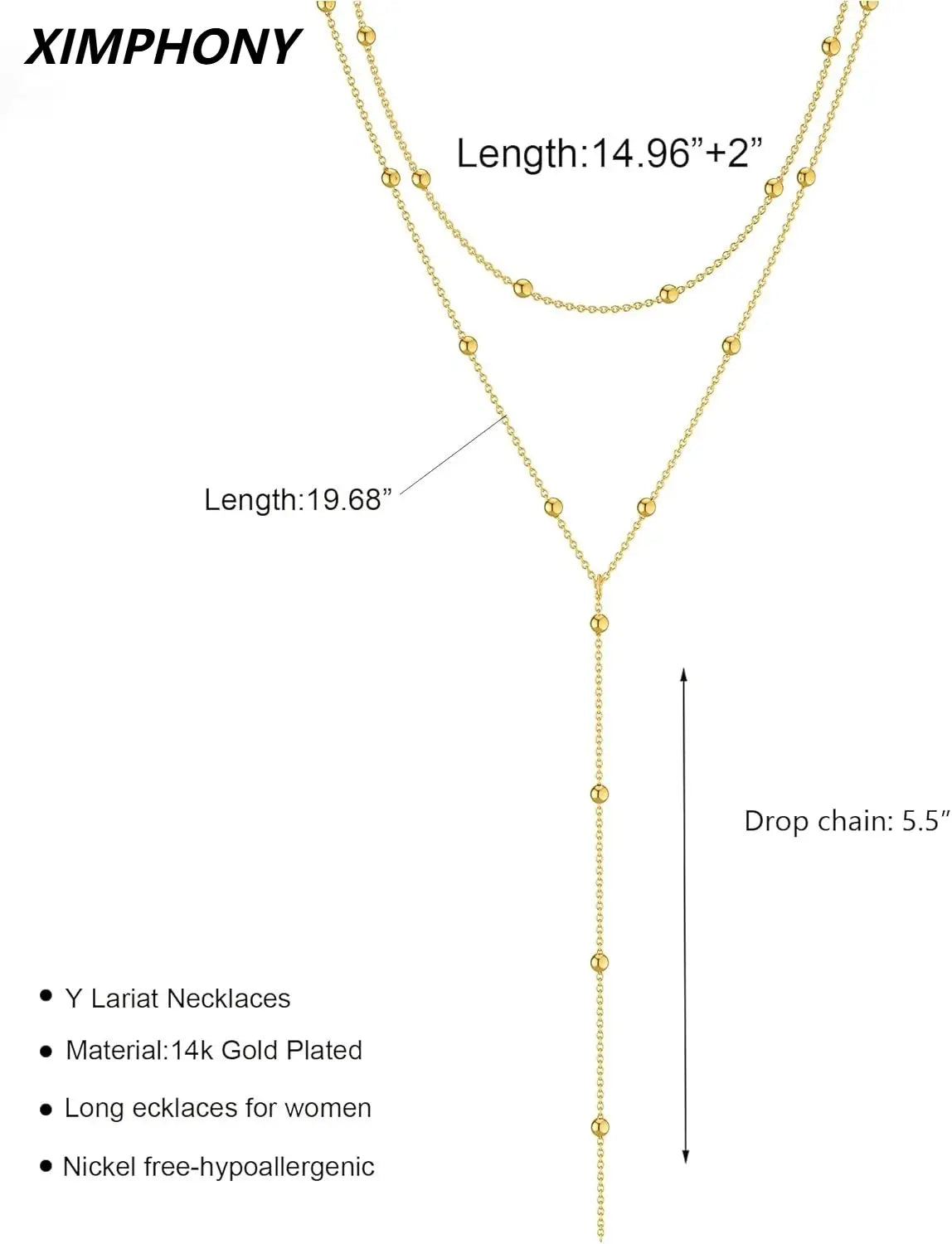 Collier « y » lariat plaqué or pour femmes, présentant trois chaînes superposées avec des perles sphériques.
