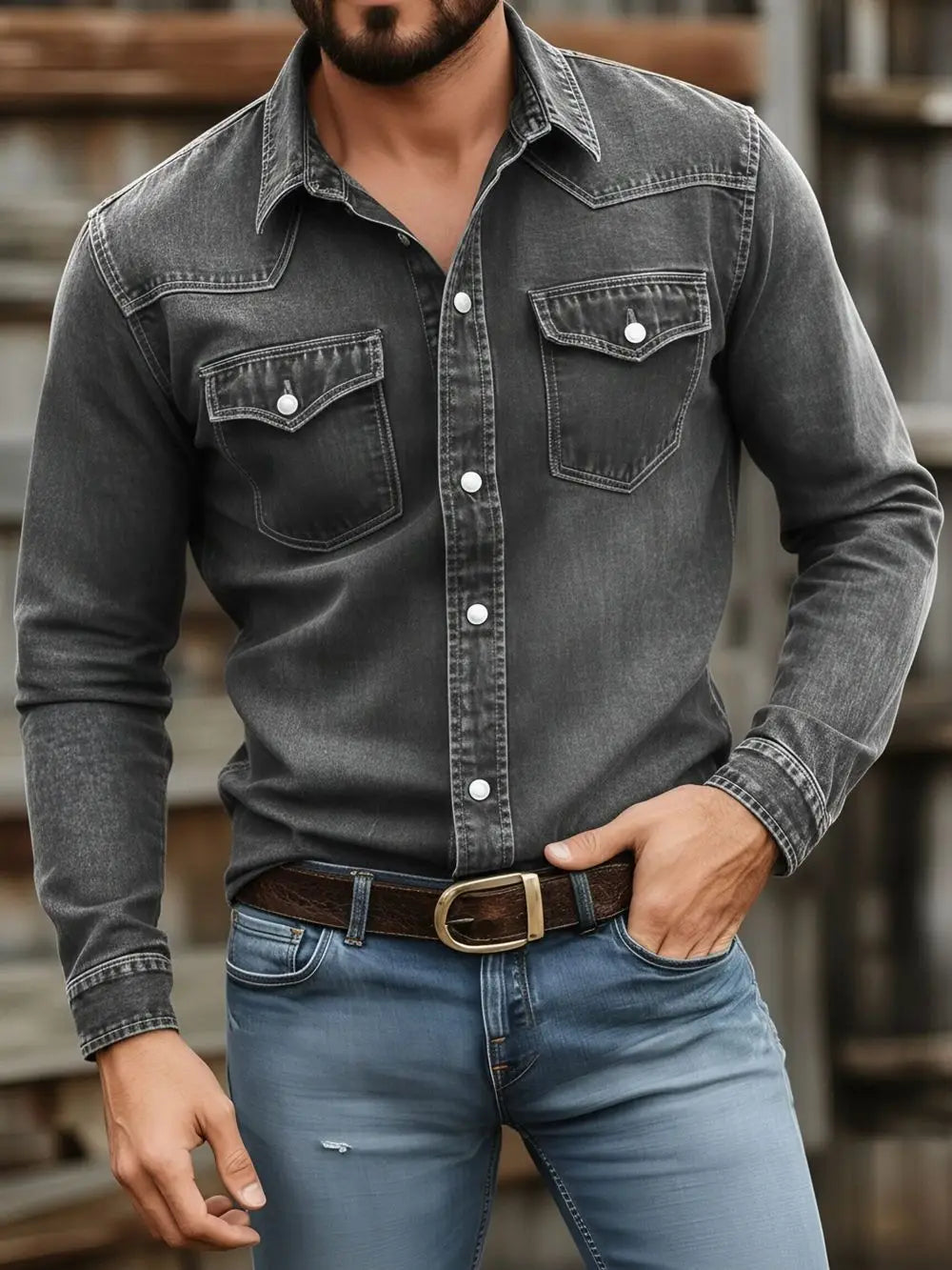Dark gray denim long-sleeve button-up shirt with white buttons and chest pockets designed for men’s vintage casual workwear.