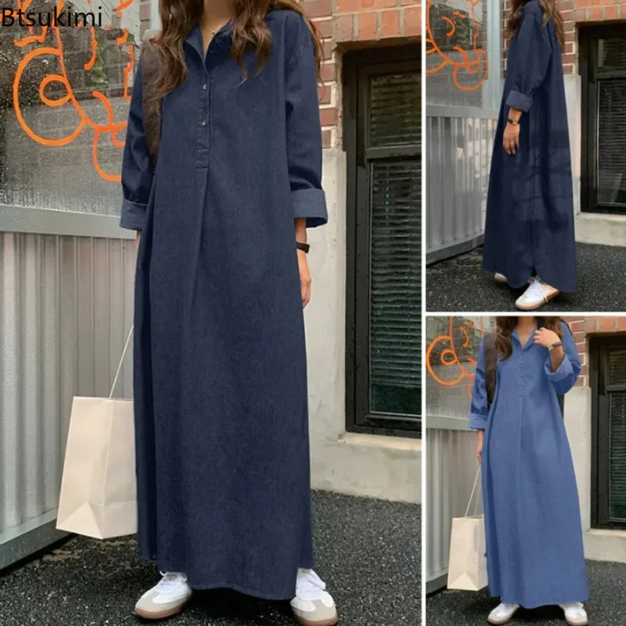 2026 Women's Casual Denim Dress Oversized Korean Vintage Robe Jeans Dress Streetwear Elegant Long Sleeve Solid Maxi Dress Female