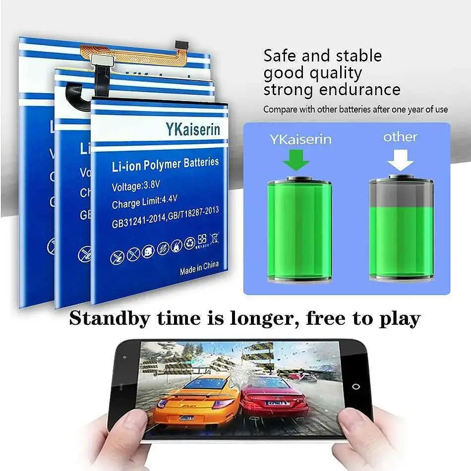 Blue ykaiserin li-ion polymer bat-51585-103 mobile phone battery with white labeling and metallic contacts shown alongside a smartphone displaying a racing game for blackberry q5.