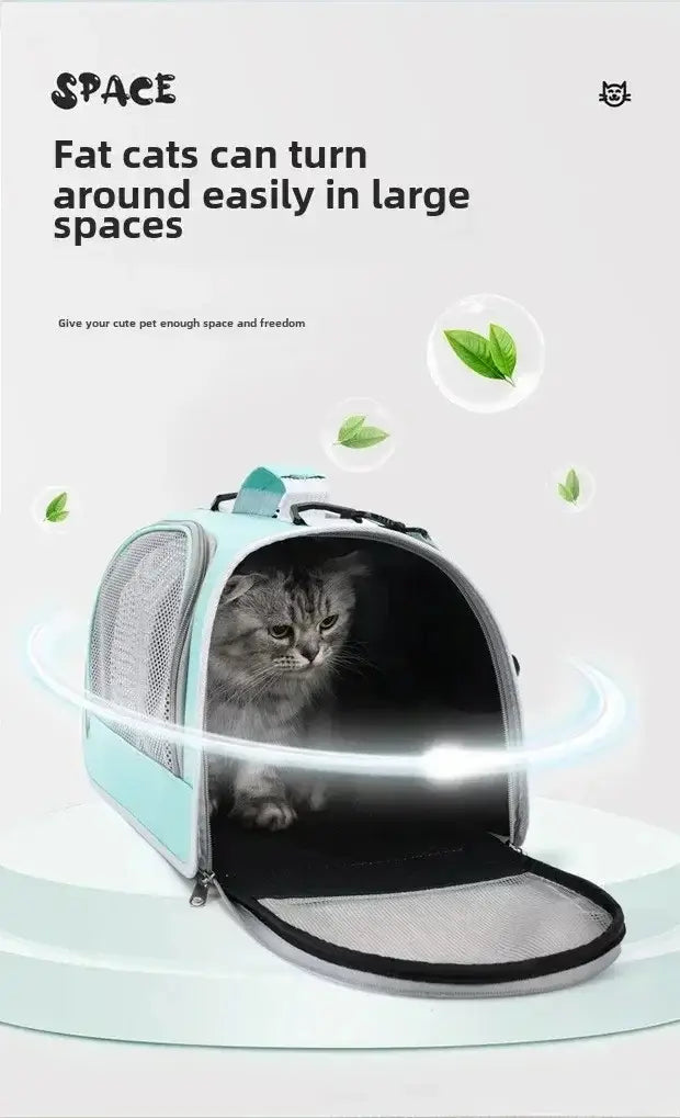 Sac bandoulière de transport pour animaux en maille respirante bleu clair et gris, avec intérieur souple conçu pour le transport confortable des chats.