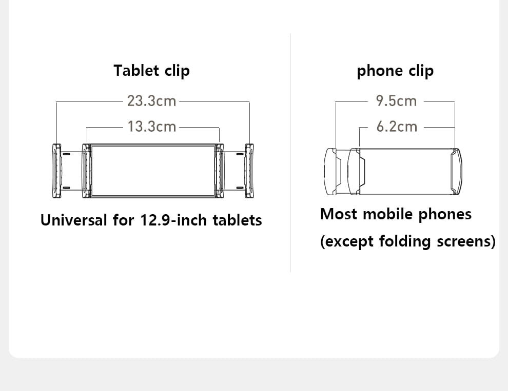 Universal tablet clip for 12.9-inch tablets made of aluminum alloy with a sleek rectangular form measuring 23.3cm by 13.3cm for use with aluminum alloy tablet and phone floor stand.