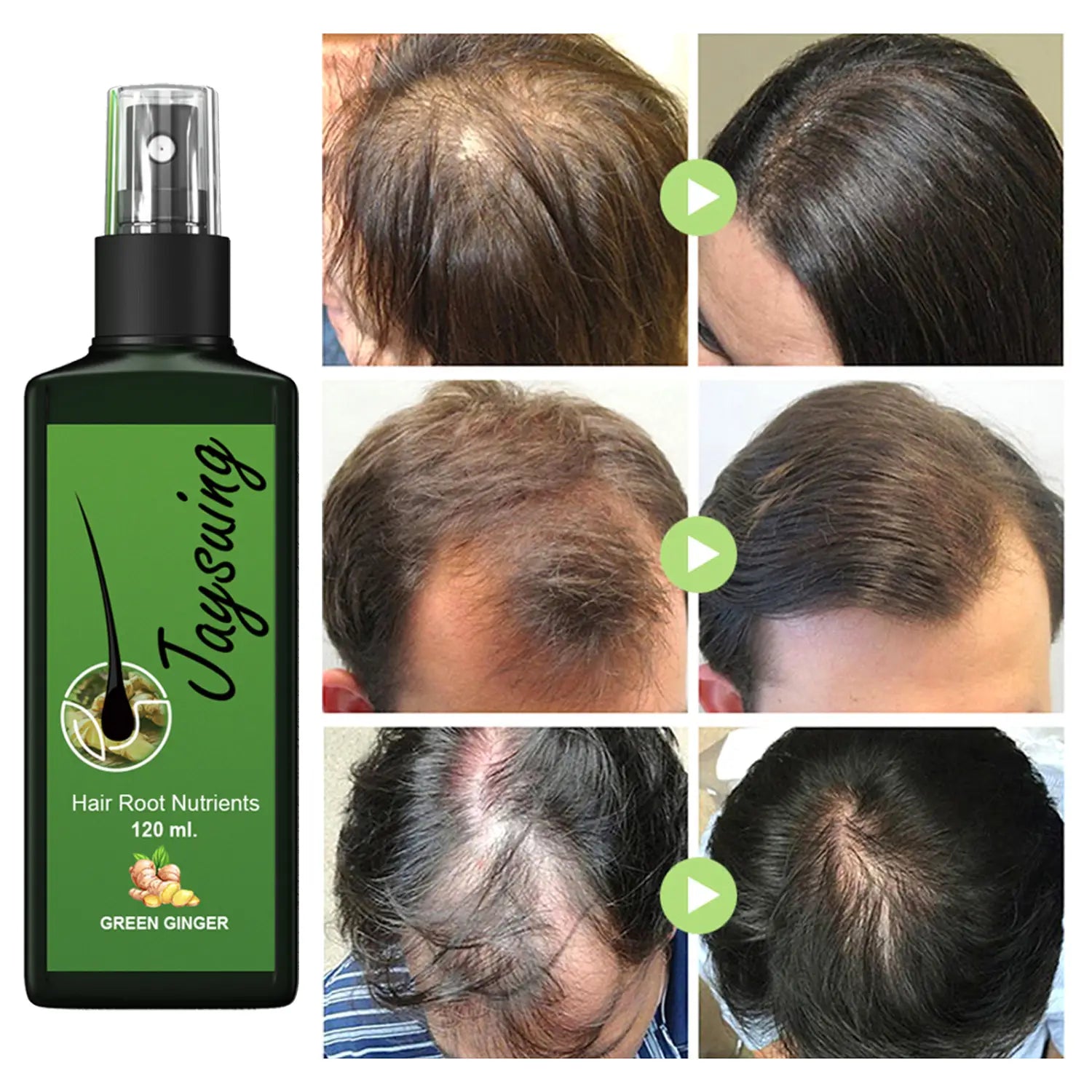Spray con nutrientes para las raíces del cabello con jengibre verde en un frasco negro elegante con boquilla rociadora transparente, diseñado para el tratamiento nutritivo del cuero cabelludo en el cuidado del cabello de 120 ml.