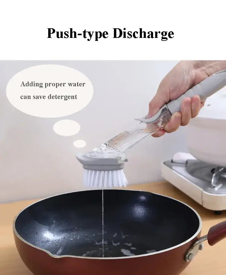 Brosse à vaisselle pour distribution de savon grise avec manche long, brins blancs et conception élégante ergonomique à pression.