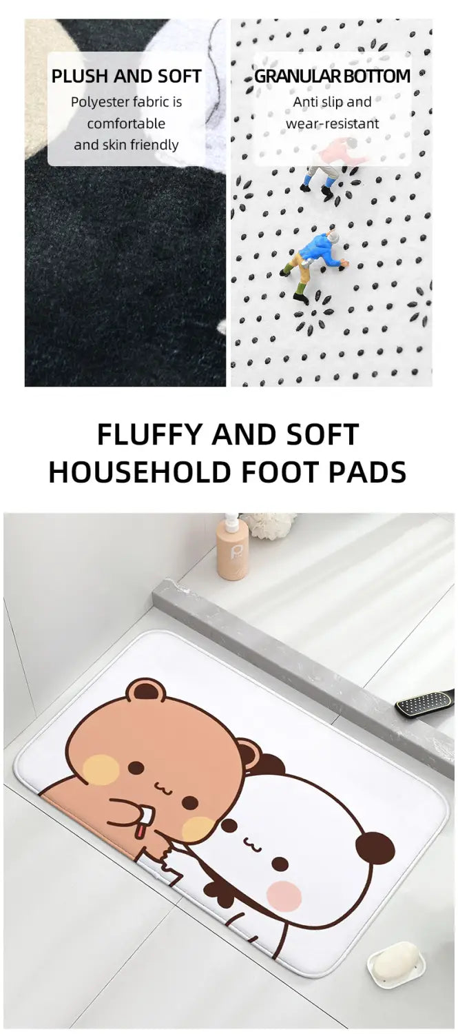 Tapis de bain rectangulaire blanc bubu dudu, mignon dessin animé, avec une texture douce et duveteuse, une base antidérapante granuleuse et un motif d’ours en dessin animé.