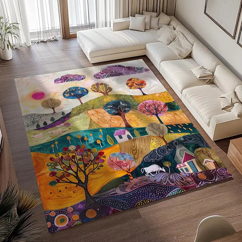a colorful green grass door mat for living room featuring a whimsical design of stylized trees rolling hills and houses in vibrant purples blues oranges greens and yellows suitable for hand wash care