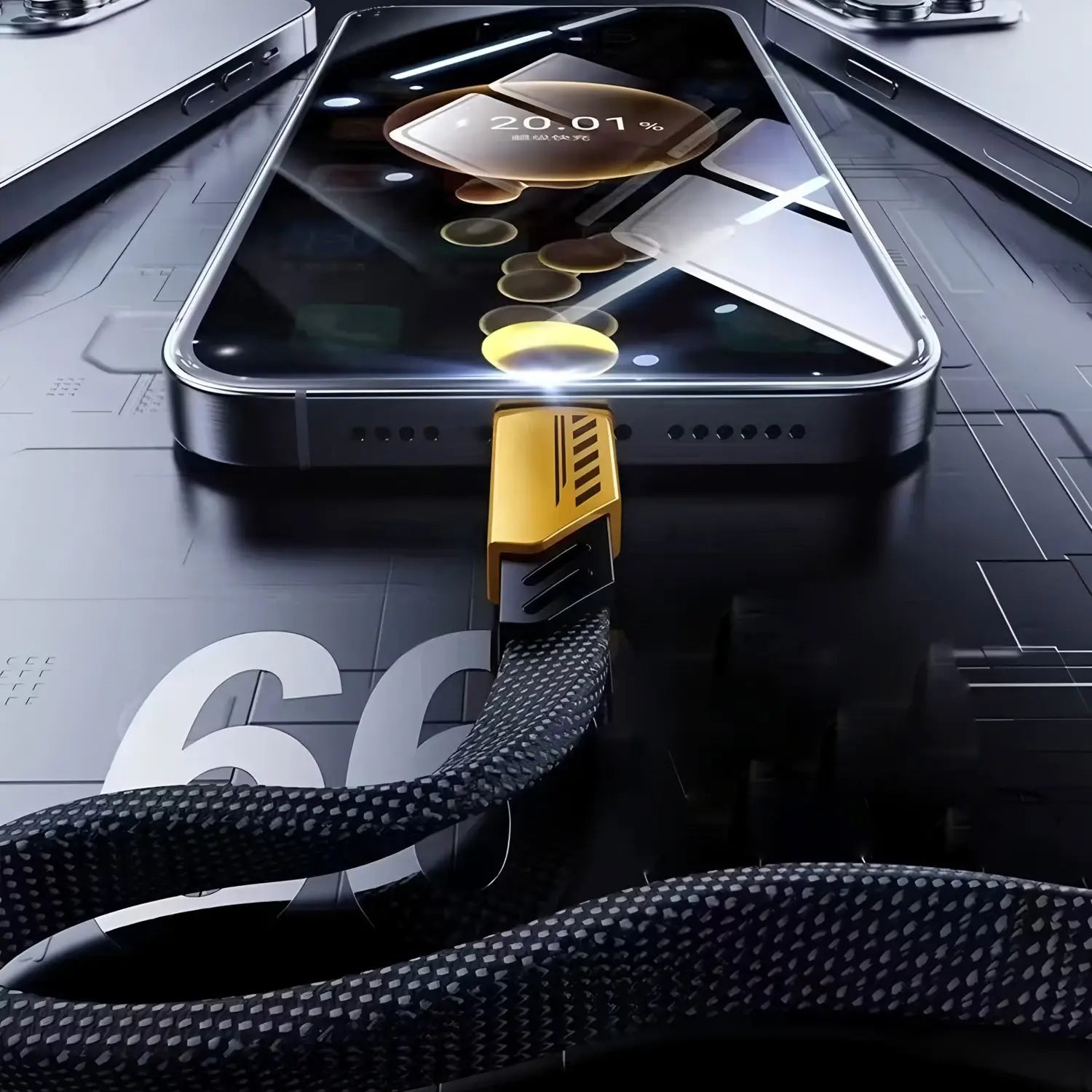 Câble de charge multi 240 W 3 en 1 rapide, magnétique de couleur dorée, avec cordon tressé noir et un design de connecteur angulaire élégant.
