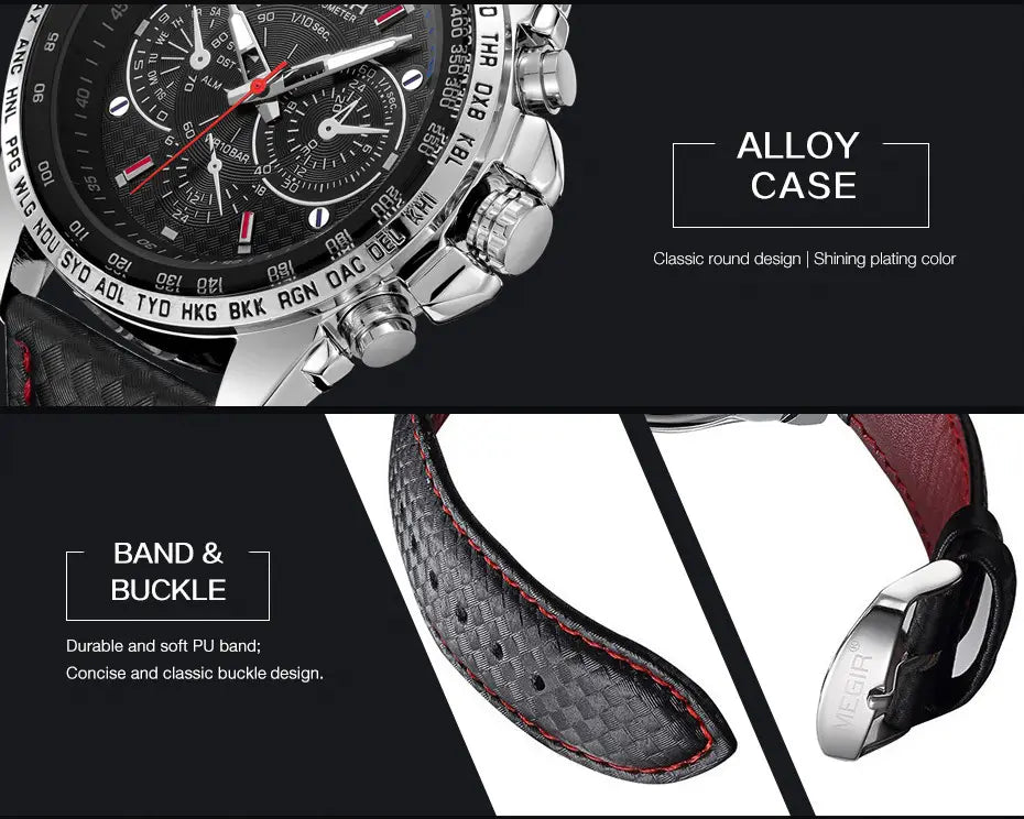 Silver-toned alloy Megir 1010 men quartz chronograph watch with a black dial, red accent hands and markers, and a carbon fiber-patterned PU strap with red stitching.