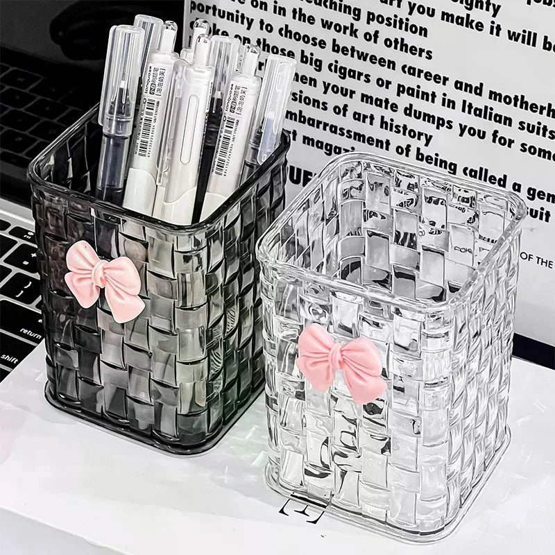 Desktop Pen Holder And Storage Box, Featuring A Bow Decoration And Storage Basket, Suitable For Storing Office Supplies