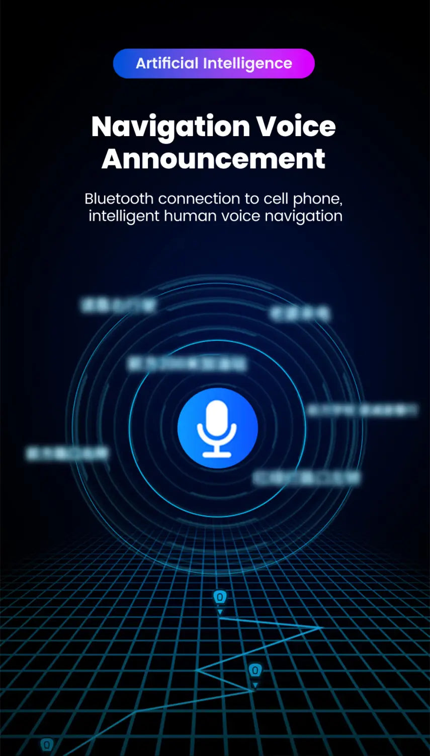 blue circular microphone icon centered within concentric glowing blue rings on a dark grid background representing a bluetooth fm transmitter car charger with dual usb rgb features.