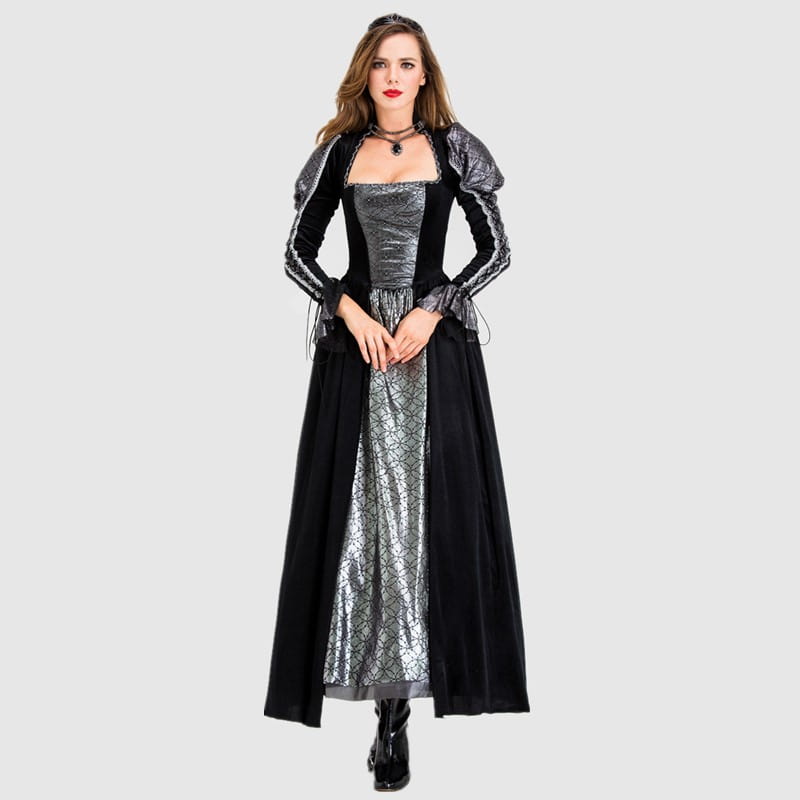 Gothic vampire queen costume black velvet gown featuring black and silver medieval-style design with velvet sleeves metallic patterned bodice and attached cape.