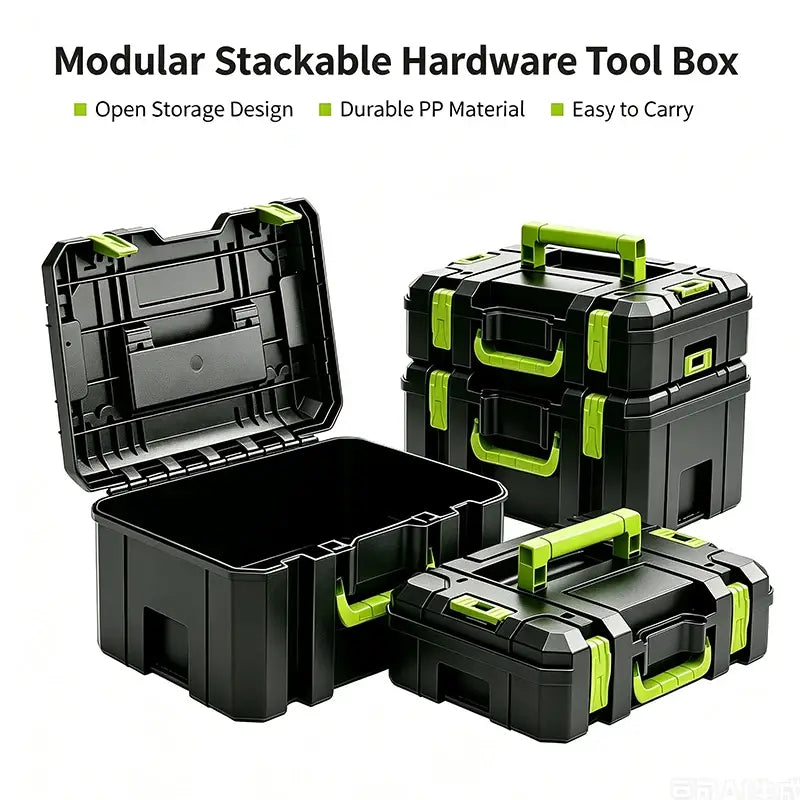 Black and lime green modular stackable tool storage box made of durable PP material for organized hardware storage.
