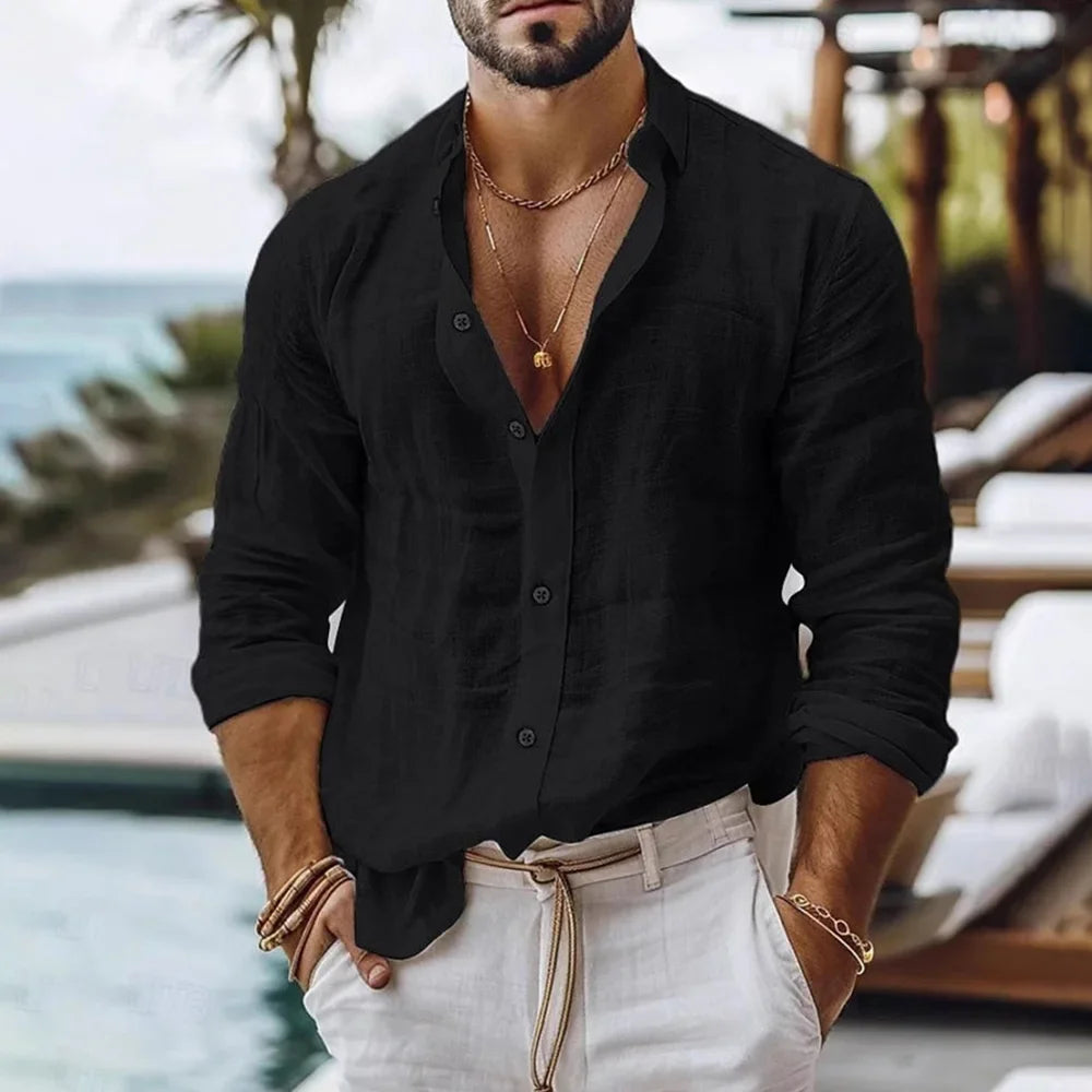 Black linen men’s beach shirt with button-down front, rolled sleeves, and a relaxed fit.