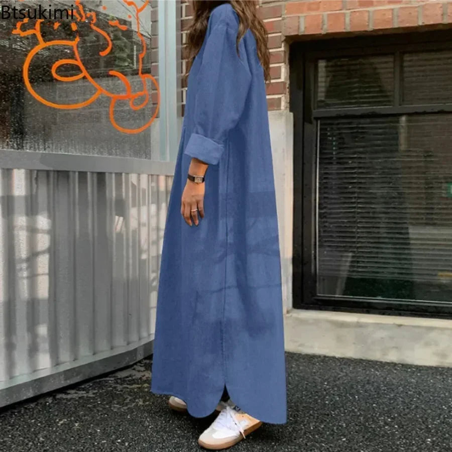 2026 Women's Casual Denim Dress Oversized Korean Vintage Robe Jeans Dress Streetwear Elegant Long Sleeve Solid Maxi Dress Female