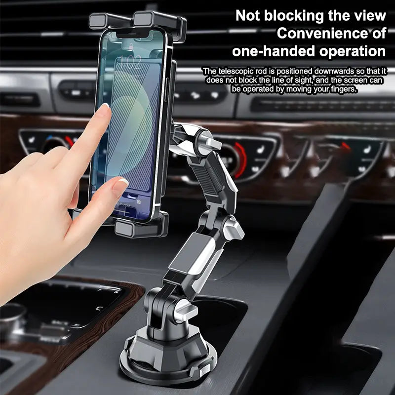 Black and silver telescopic car phone mount with adjustable arm for 360 degree hands free driving stand.