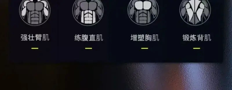 筋肉質な体型と中国語のテキストラベルを示す、白い輪郭の黒い円形アイコンにより、油圧パワーツイスター胸・腕エクササイザーの機能が分かるように表現されています。
