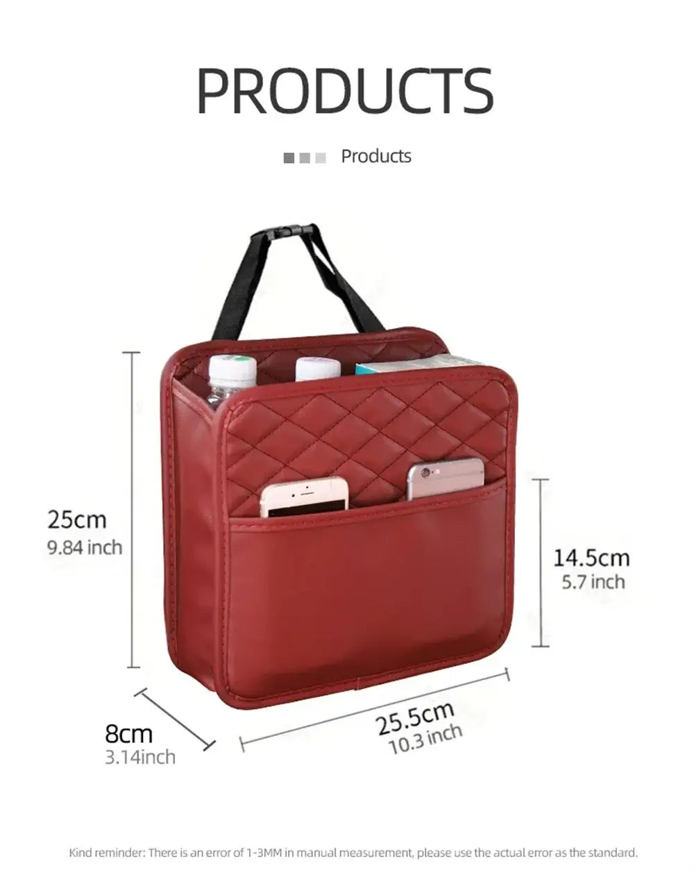 red quilted leather car seat organizer storage bag with black handles for vehicle use