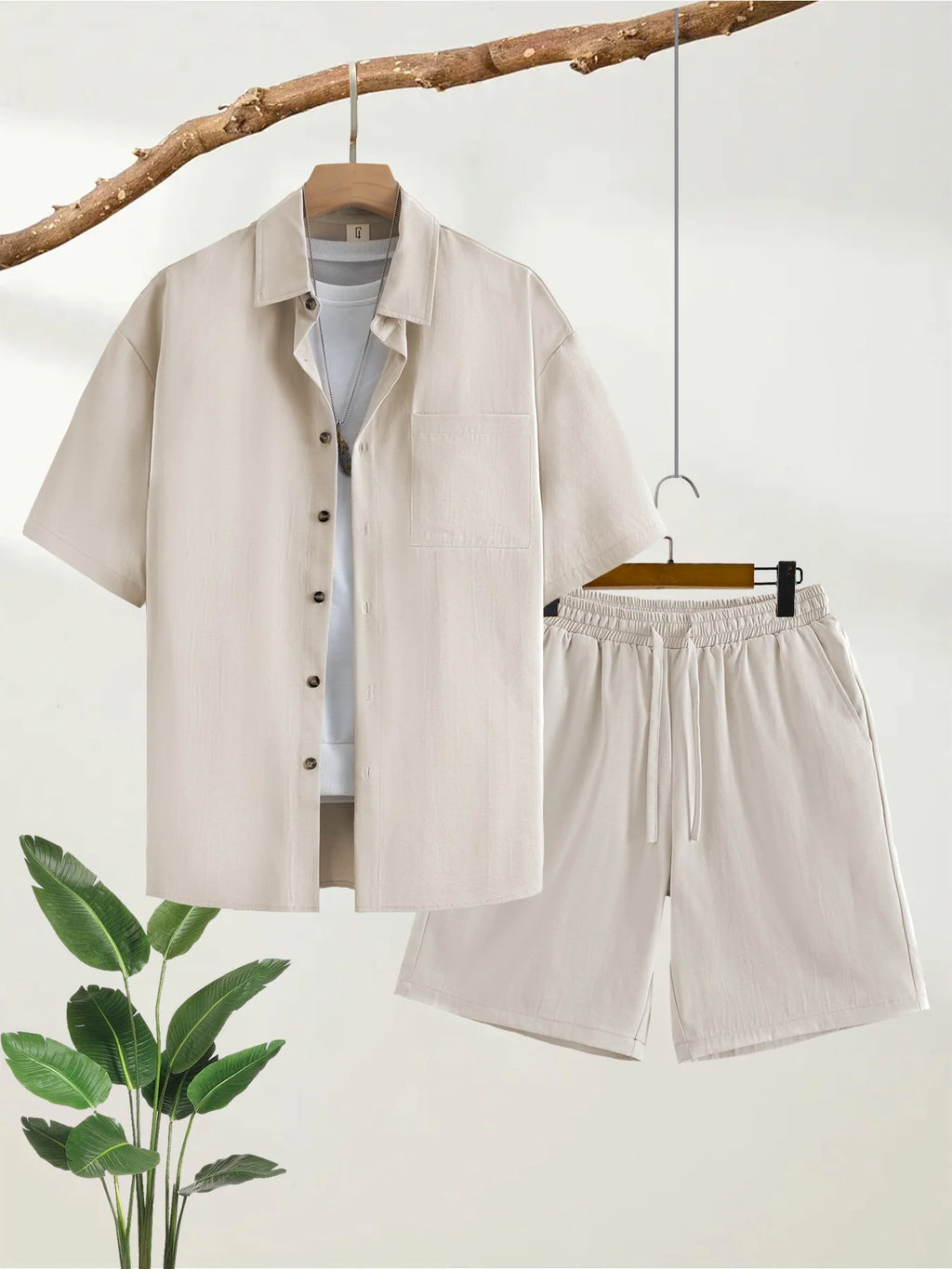 Men's Cotton-Feel Short-Sleeved Shirt + Five-Quarter Shorts Two-Piece Set, Summer Casual Loose-Fitting Workwear Style Complete Set of Men's Clothing