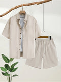 Men's Cotton-Feel Short-Sleeved Shirt + Five-Quarter Shorts Two-Piece Set, Summer Casual Loose-Fitting Workwear Style Complete Set of Men's Clothing