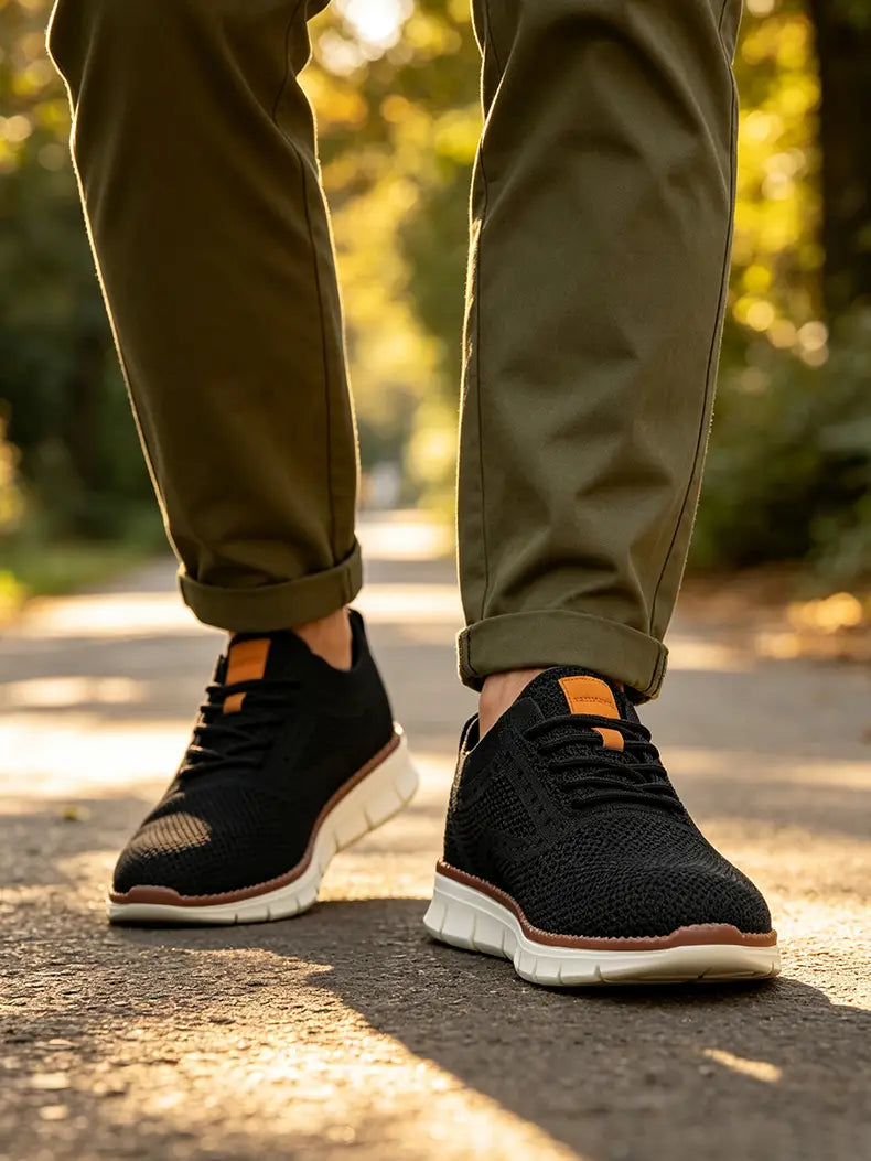 Las zapatillas casual para hombre Cole Haan de tejido negro presentan zapatos de caminar transpirables en negro con acentos naranjas y suelas blancas.