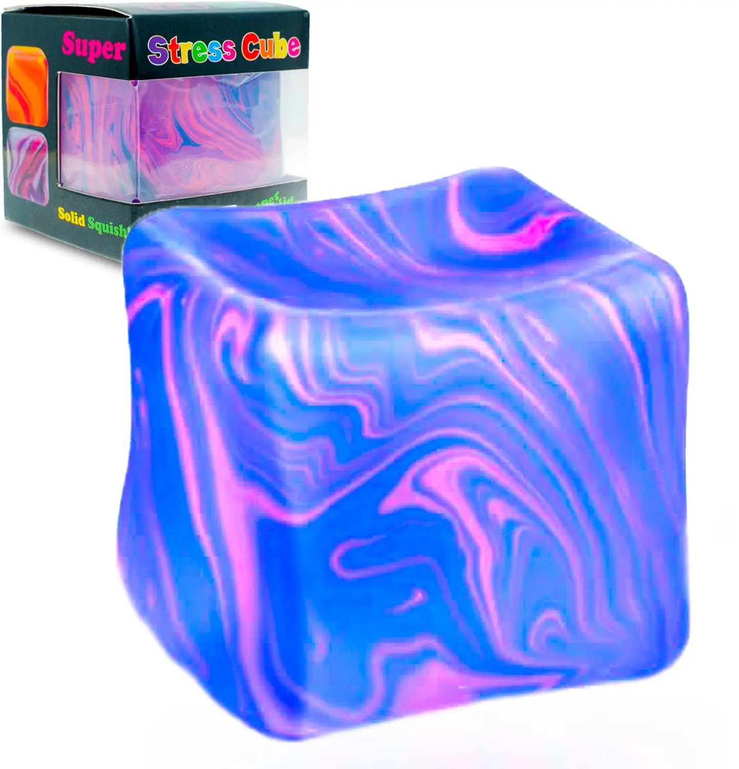 Vibrant blue and pink marbled silicone marble swirl cube squeeze toy in branded packaging designed as a slow rising sensory fidget.