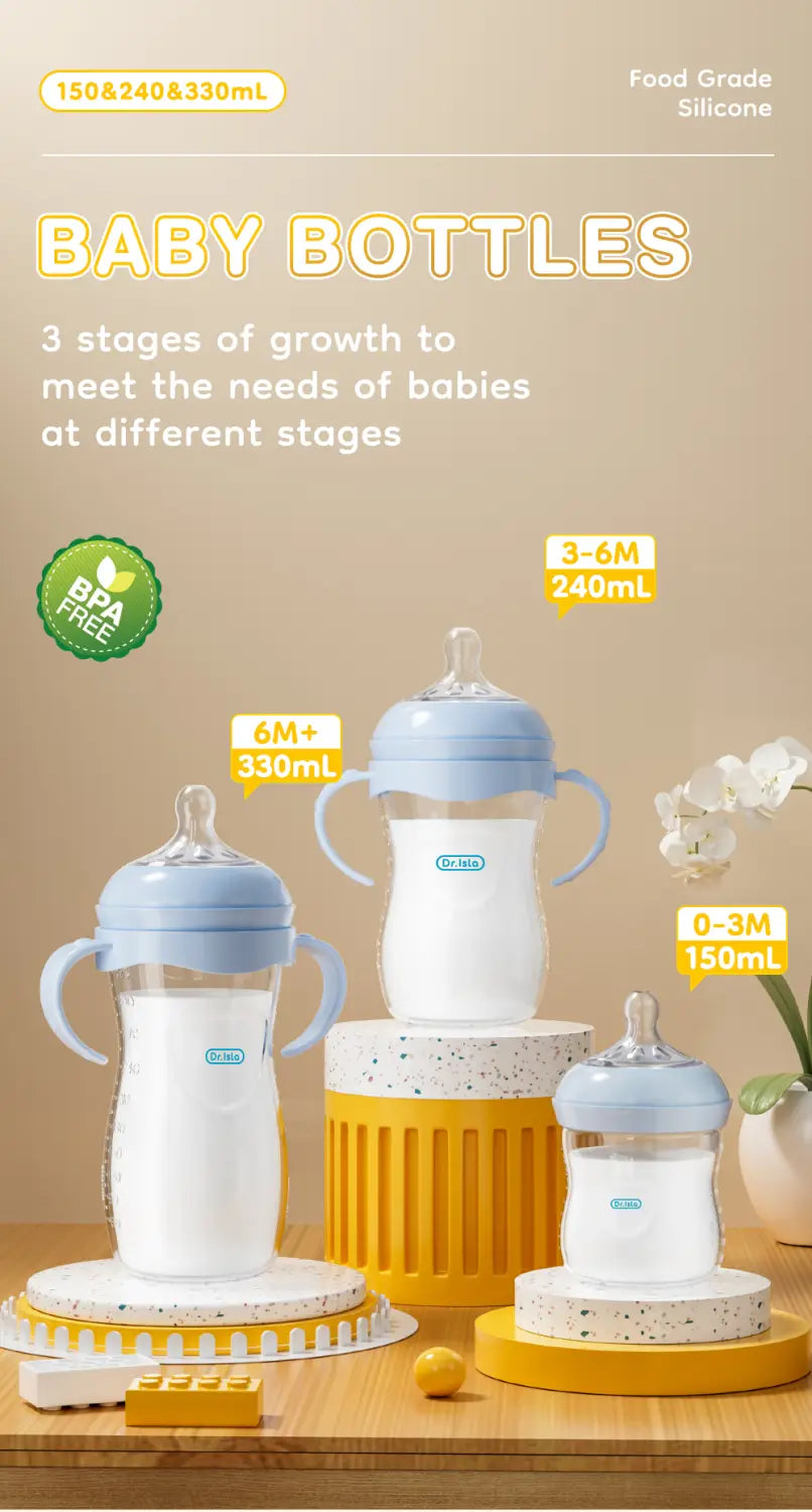 Drei Baby-PP-Fläschchen mit Griff in Hellblau und Weiß, hergestellt aus BPA-freiem lebensmittelechtem Silikon für einen sicheren Halt und eine schonende Fütterung mit Kapazitäten von 150 ml und 330 ml.