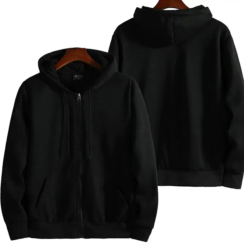 Black cotton blend men zip up hooded sweatshirt with a hood front zipper closure and two side pockets for casual wear.