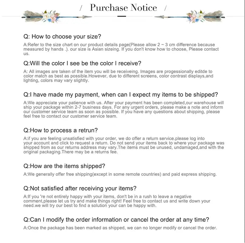 Document d’avis d’achat avec des motifs décoratifs floraux et d’ailes en haut, comprenant des questions fréquentes relatives au service client pour des jeans en denim à taille haute et jambes larges pour femmes, des pantalons amples décontractés, en matière denim noire sur fond blanc.