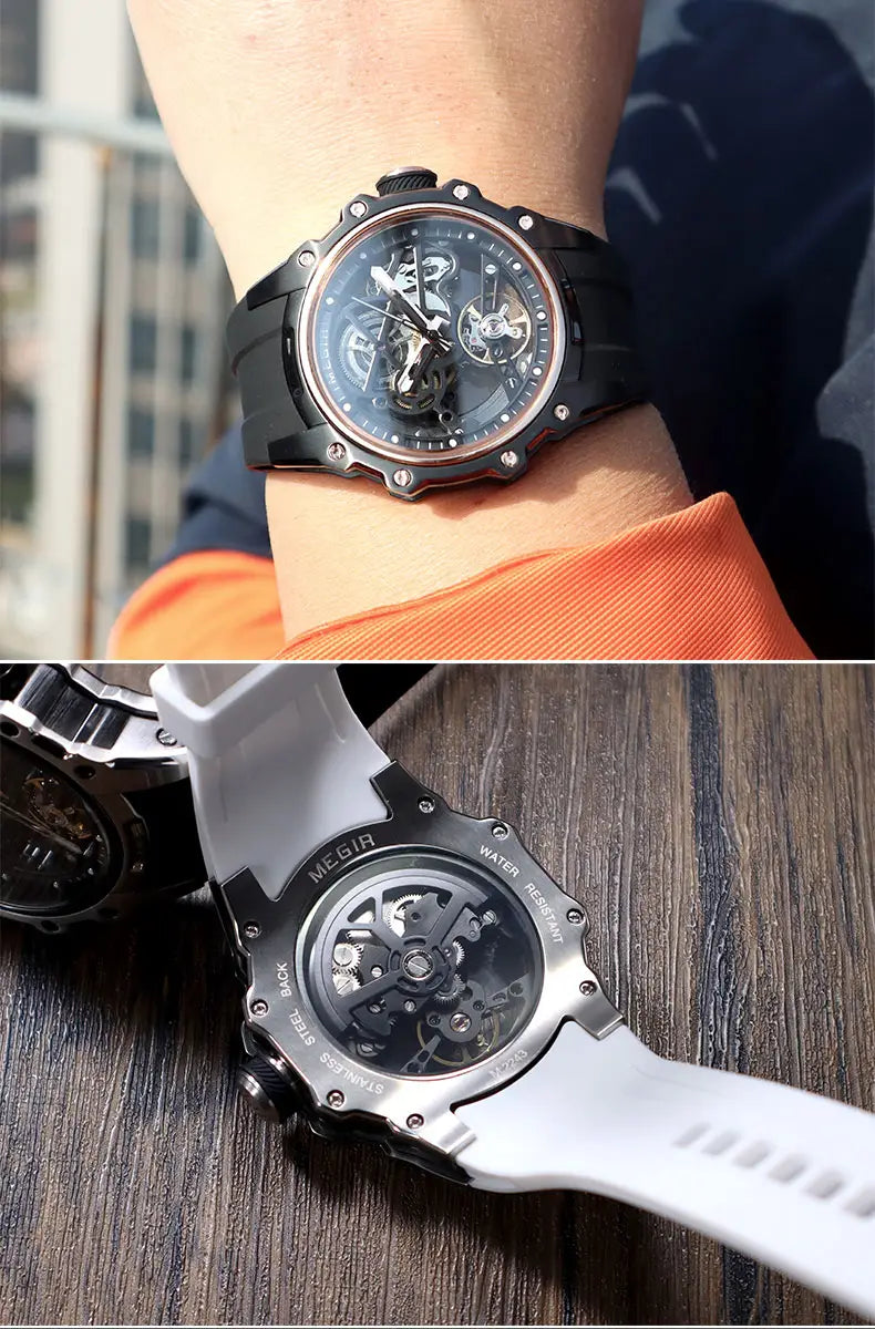 Megir automatic skeleton watches featuring black and white skeletonized dials with exposed mechanical movements and a black rubber strap on one and a white silicone strap on the other.