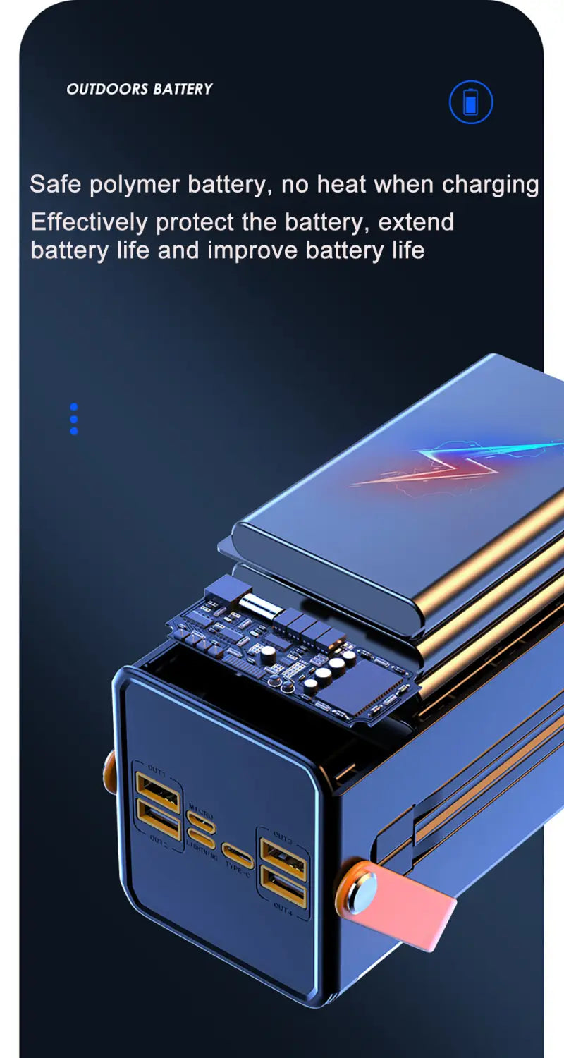 Blaue und goldene tragbare Powerbank 60000 mAh 120 W Schnellladen mit mehreren USB-Anschlüssen; mit Mikro-Eingang und 5V/2A-Ausgang für effizientes Laden von Geräten.